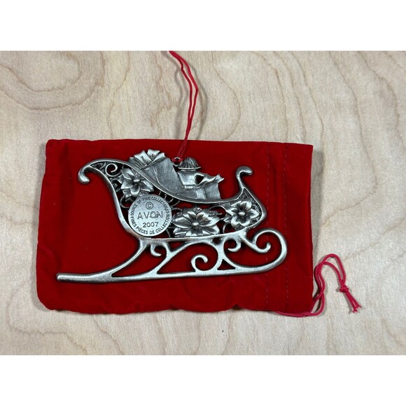 Santa's Sleigh Metal Pewter Christmas Ornament 2007 AVON Red Jeweled 4" RARE - Picture 2 of 4